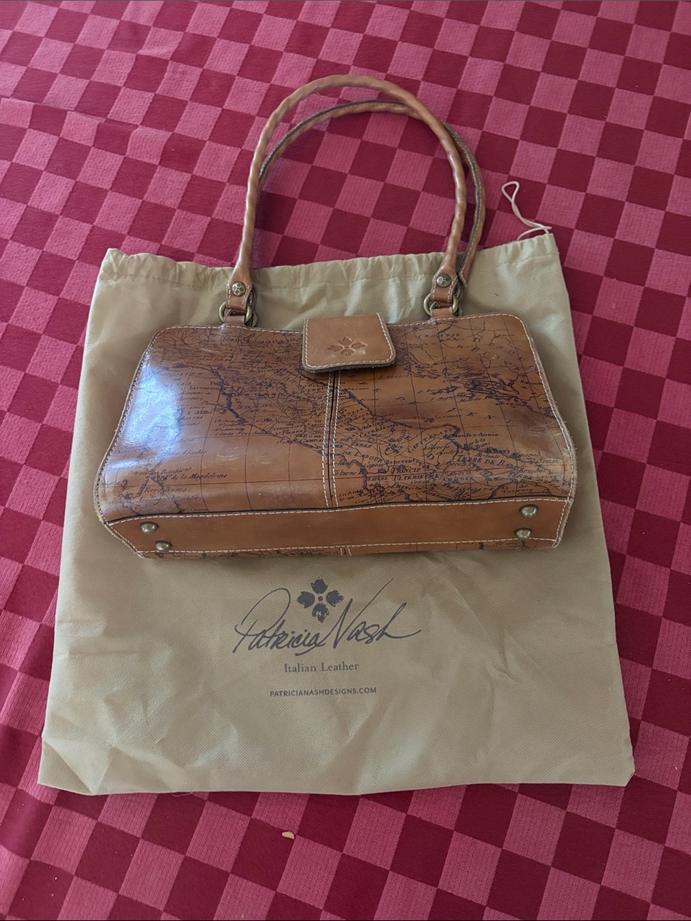 Patricia Nash Cognac Map-Print Leather Shoulder Bag
